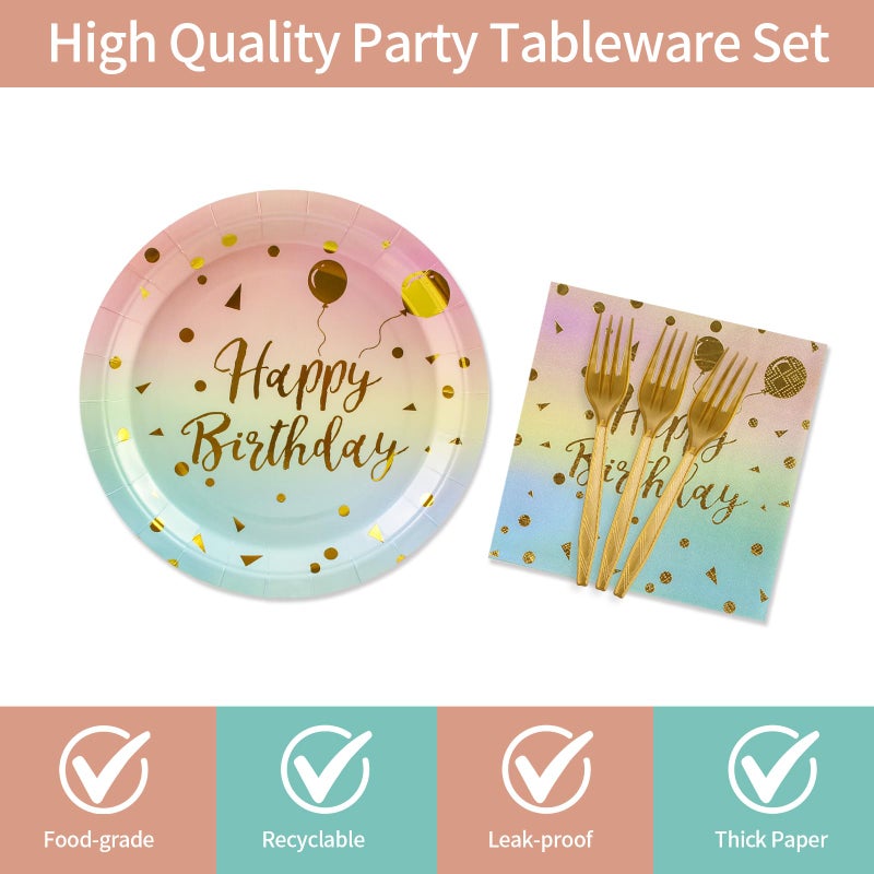 KFJBPB 48PCS Happy Birthday Plates and Napkins Party Supplies  Colorful and Gold Disposable Paper Plates and Napkins with Forks Tableware Set for Birthday Party Decorations 16 Guests (Colorful) - Image 3