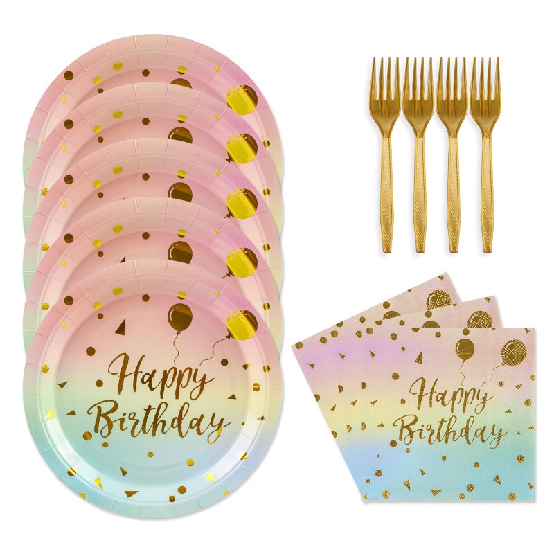 KFJBPB 48PCS Happy Birthday Plates and Napkins Party Supplies  Colorful and Gold Disposable Paper Plates and Napkins with Forks Tableware Set for Birthday Party Decorations 16 Guests (Colorful) - Image 1