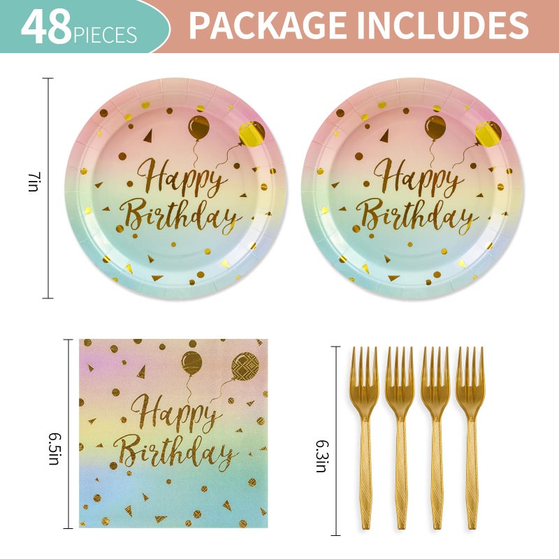KFJBPB 48PCS Happy Birthday Plates and Napkins Party Supplies  Colorful and Gold Disposable Paper Plates and Napkins with Forks Tableware Set for Birthday Party Decorations 16 Guests (Colorful) - Image 2