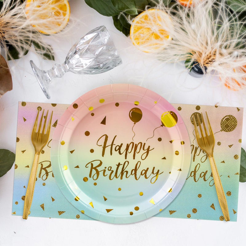KFJBPB 48PCS Happy Birthday Plates and Napkins Party Supplies  Colorful and Gold Disposable Paper Plates and Napkins with Forks Tableware Set for Birthday Party Decorations 16 Guests (Colorful) - Image 5