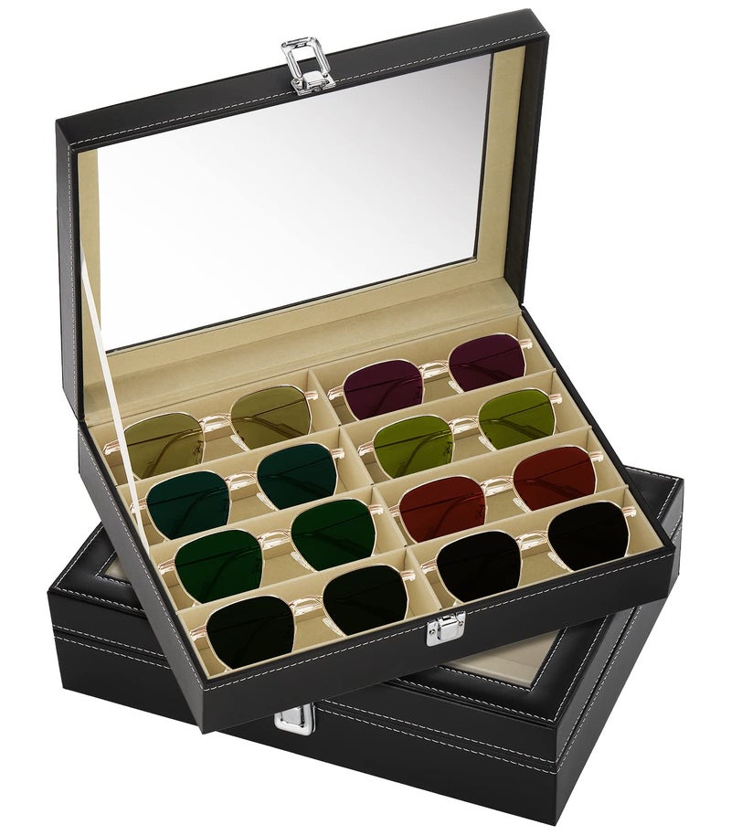 TOPZEA TOPZEA 2 Pack Sunglasses Organizer PU Leather Eyewear Eyeglass Organizer Display Cases for Jewelry Glasses Storage Holder Box Lockable Watch Collection Case with 8 Slot for Women Men 