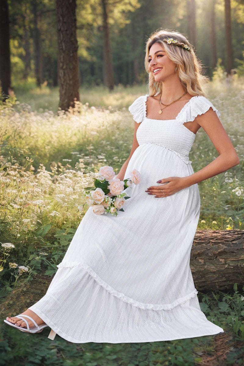 OUGES Womens 2026 Summer Maternity Maxi Dresses for Photoshoot Ruffle Sleeve Square Neck Wedding Guest Baby Shower Long Dress Flowy Pregnancy Must Have Maternity Clothes (White,L) - Image 4