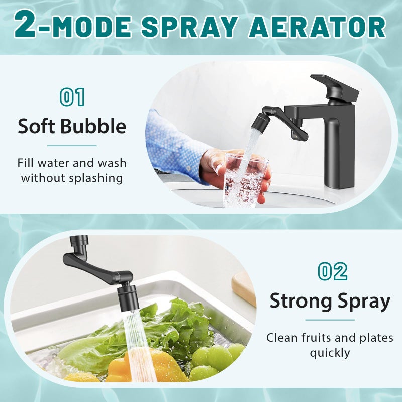 CECEFIN 1440Â° Rotating-Faucet-Extender Sink Aerator - 1080Â°+360Â° Large-Angle Splash Tap Extension with 2 Water Outlet, Swivel Multifunctional Robotic Arm for Kitchen/Bathroom, Black - Image 3