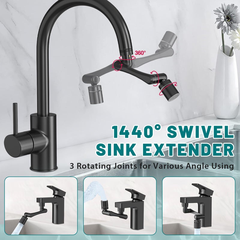 CECEFIN 1440Â° Rotating-Faucet-Extender Sink Aerator - 1080Â°+360Â° Large-Angle Splash Tap Extension with 2 Water Outlet, Swivel Multifunctional Robotic Arm for Kitchen/Bathroom, Black - Image 2