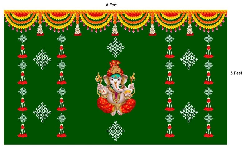 bague Green Banana Leaf Backdrop Cloth for Pooja Decoration Traditional, Background Decoration Cloth for Pooja Background, Curtain Cloth for Festival Fabric 8x5 Feet (Green Ganesh) - Image 2