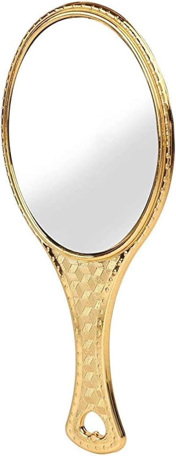 Golden Handheld Salon Barbers Hairdressers Oval Mirror with Grip Handle