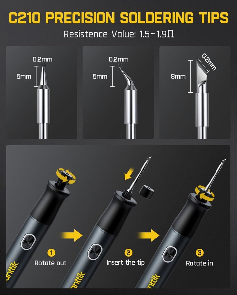 Fanttik T1 Max Soldering Iron Kit, Cordless Soldering Iron, 7 Seconds Fast Heating(390°F-840℉), Auto Sleep, 4 Precision Soldering Tips(C210), 360° Swivel Stand, Soldering Iron for Precision Repair - Image 4