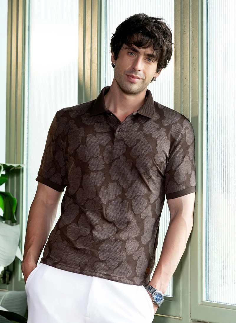 Campus Sutra Men Smear-Jacquard Polo T-Shirt | Ribbed-Polo Neck, Short Ribbed-Cuff Sleeves | Half-Button , Straight Hem | Abstract Jacquard Knitted Fabric For Casual & Daily Wear | Chocolate Brown