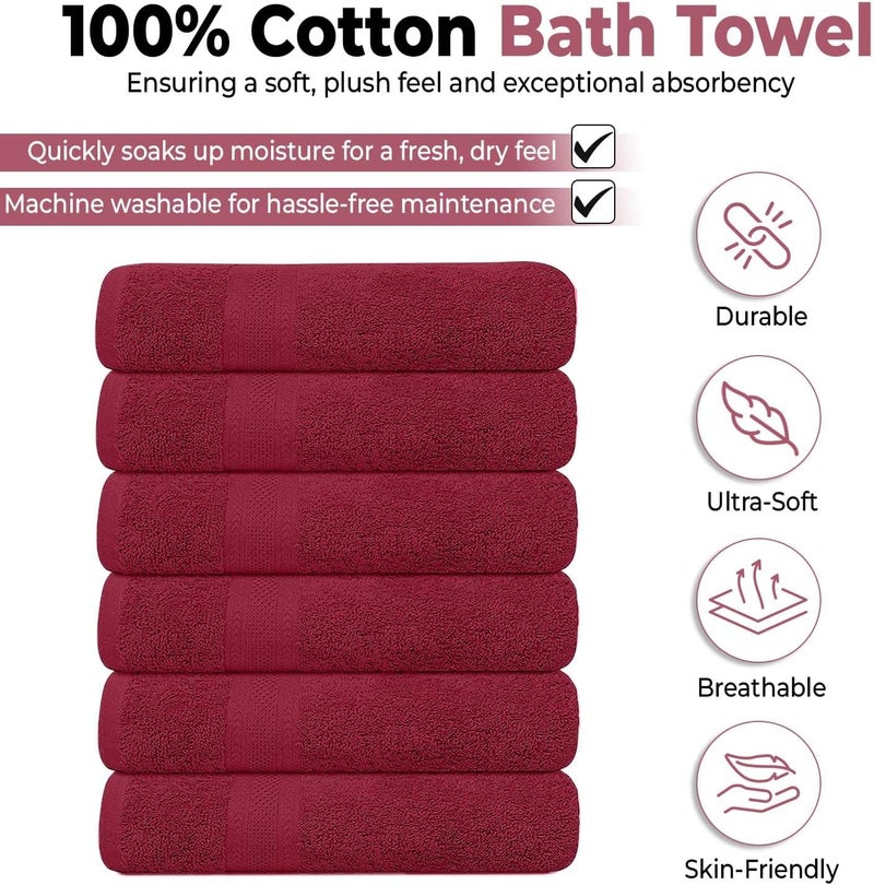KAHAF COLLECTION Pack of 6 Bath Towels 27 x 54 Inches, 100% Cotton, Larger & Lighter Weight, Quicker to Dry, Super Soft and Absorbent, Perfect for Bathroom (Burgundy, Pack of 6 (27''x54'')) - Image 2
