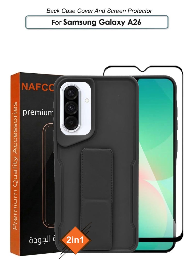 NAFCO For Samsung Galaxy A26 - Hard Silicone Magnetic Back Stand Case  With Foldable Kickstand & Finger Strap + Tempered Glass Screen Protector  - Black - Image 1