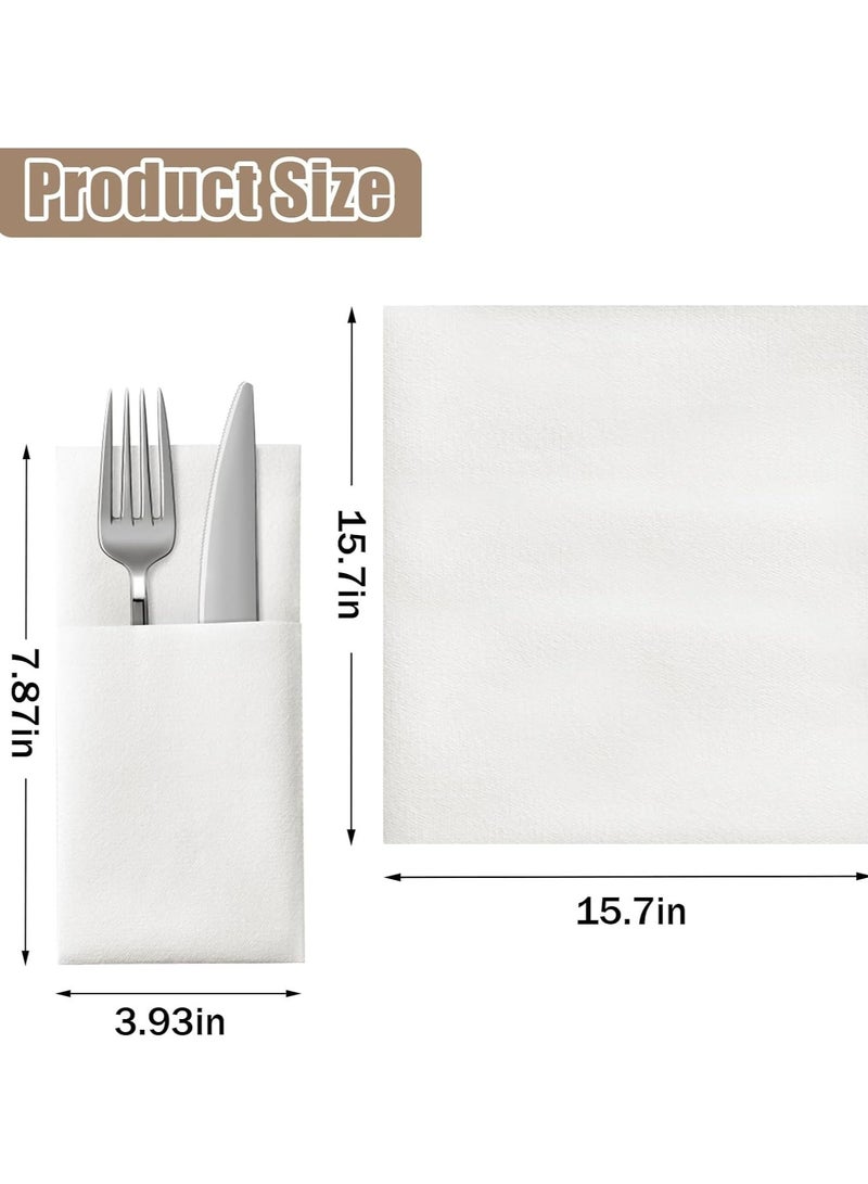 50 Pack Disposable Cloth Like Napkins,White Linen-Feel Pocket Napkins - Prefolded Disposable Cloth-Like Napkins with Built-in Flatware Pocket for Weddings, Parties & Events (16"x16") - Image 2