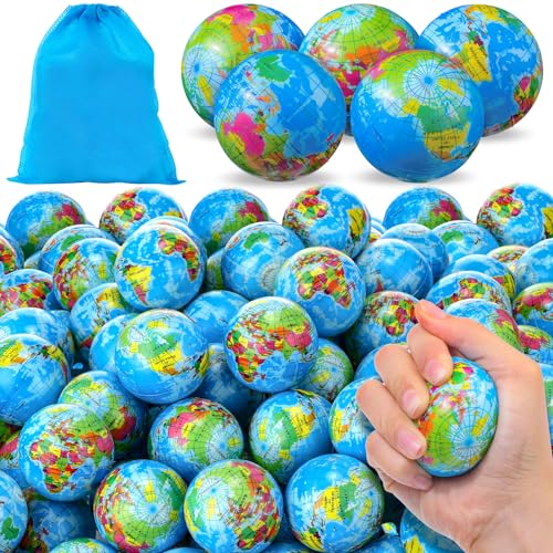 Poen 400 Pcs Globe Squeeze Balls 2 Inch Mini World Earth Stress Balls Bulk Educational Relief Foam Squeeze Ball with Blue Drawstring Bag for Finger Exercise School Reward Party Gift - Image 1