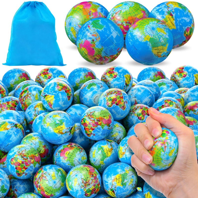Poen 400 Pcs Globe Squeeze Balls 2 Inch Mini World Earth Stress Balls Bulk Educational Relief Foam Squeeze Ball with Blue Drawstring Bag for Finger Exercise School Reward Party Gift - Image 3
