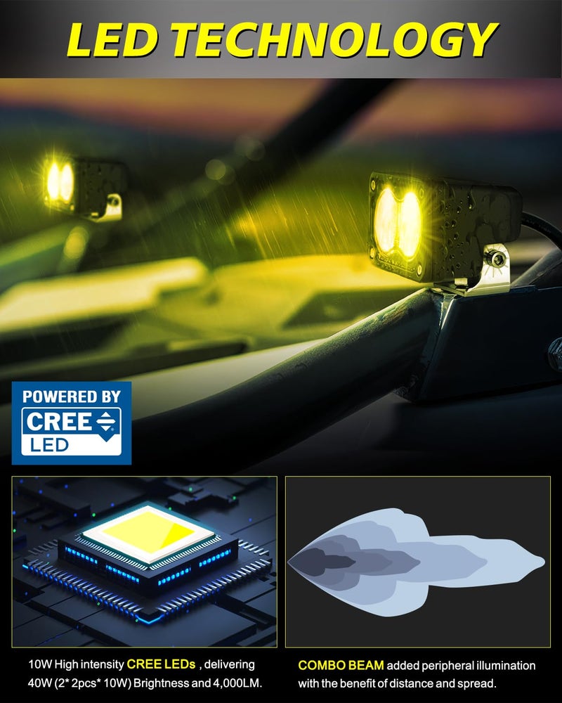 AKD Part Yellow LED Pods with Wiring Harness & Black Covers 3" 40W CREE LED Ditch Lights Spot Flood Combo Fog Lights Yellow Chase Head Light for Trucks Motorcycle SUV UTV ATV Dirt Bike - Image 3