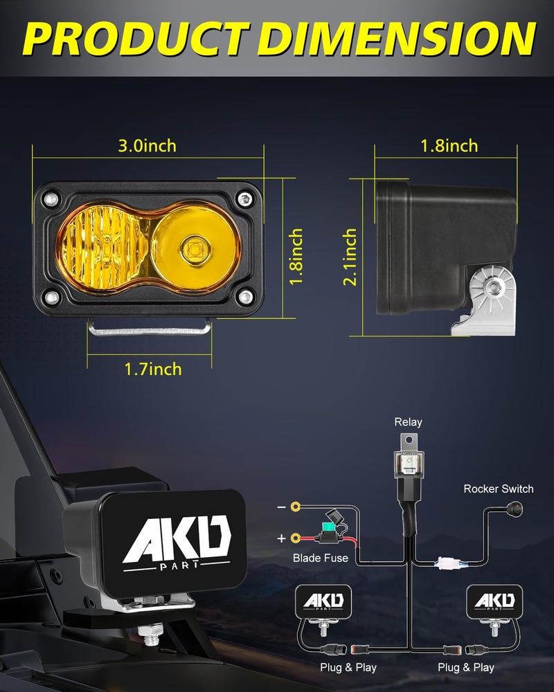AKD Part Yellow LED Pods with Wiring Harness & Black Covers 3" 40W CREE LED Ditch Lights Spot Flood Combo Fog Lights Yellow Chase Head Light for Trucks Motorcycle SUV UTV ATV Dirt Bike - Image 2