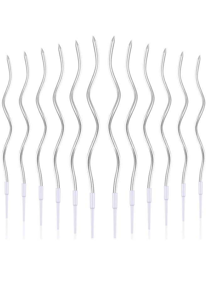 12 جهاز كمبيوتر شخصي شموع عيد ميلاد دوامة معدنية كعكة رقيقة طويلة شموع الكعكة مع حاملين لحفلة زفاف عيد ميلاد (الفضة) - Image 1