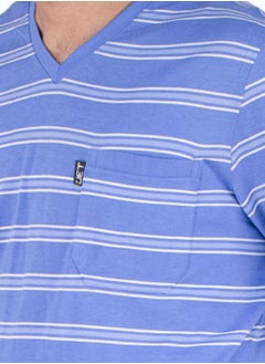 Jet Jet Men Summer Pajama Set Striped Top-V. Neck-Plain Bottom-Blue Sky  - Image 3
