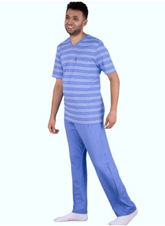 Jet Jet Men Summer Pajama Set Striped Top-V. Neck-Plain Bottom-Blue Sky  - Image 1