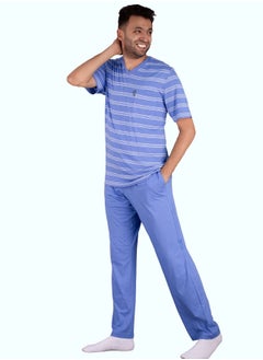 Jet Jet Men Summer Pajama Set Striped Top-V. Neck-Plain Bottom-Blue Sky  - Image 2