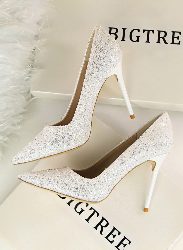 بيج تري Women's Shiny Sequins Fashionable Stiletto Pumps 9.5 cm Elegant Gorgeous Closed Pointed Toe Slip On Solid High Heels White - Image 3