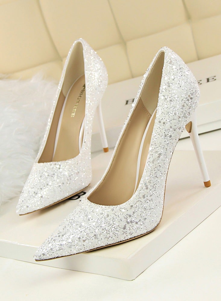 بيج تري Women's Shiny Sequins Fashionable Stiletto Pumps 9.5 cm Elegant Gorgeous Closed Pointed Toe Slip On Solid High Heels White - Image 1