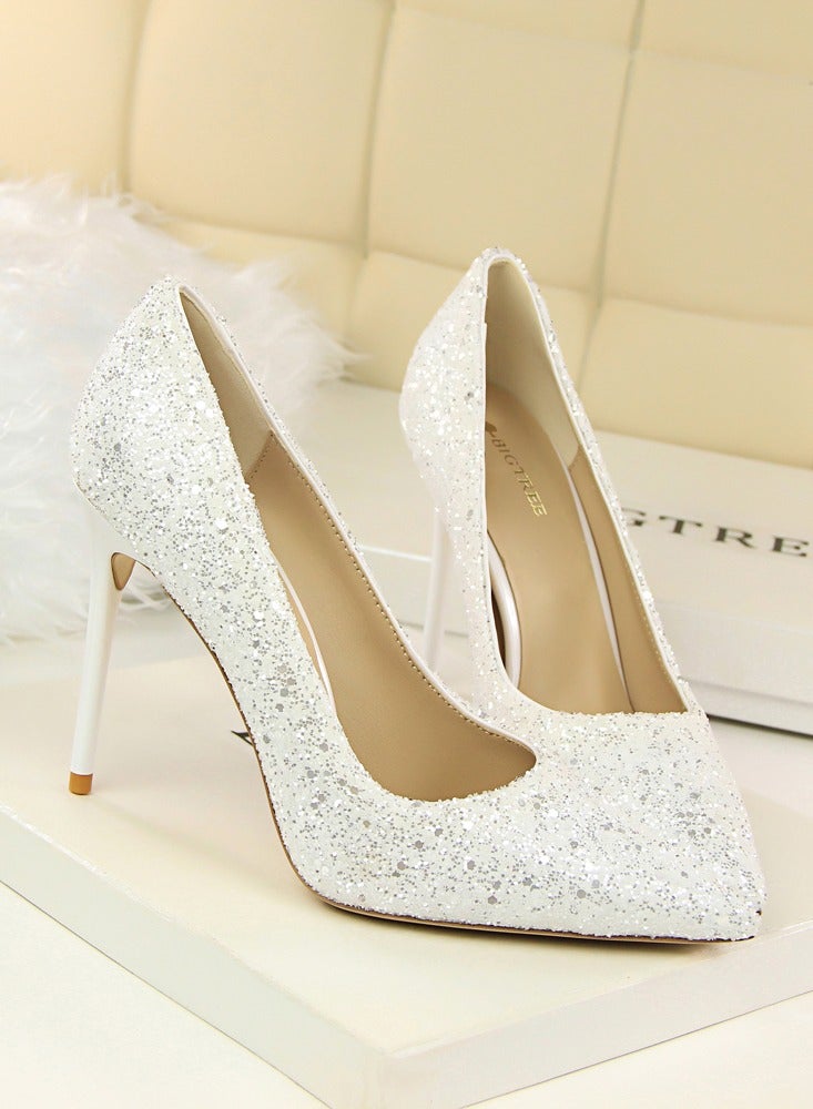 بيج تري Women's Shiny Sequins Fashionable Stiletto Pumps 9.5 cm Elegant Gorgeous Closed Pointed Toe Slip On Solid High Heels White - Image 2
