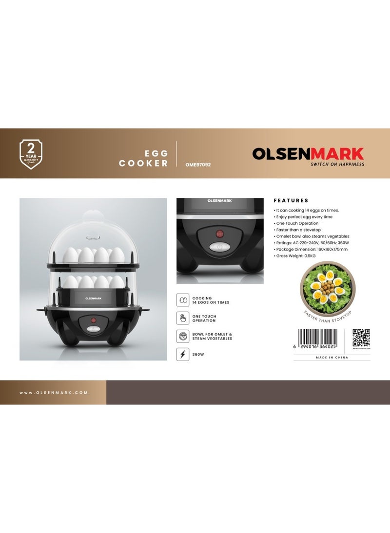 Olsenmark Egg Cooker OMEB7092, 14 Egg Capacity, 360W Electric Egg Boiler, One-Touch Operation, Egg Steamer with Omelet & Vegetable Steaming Bowl, Fast Cooking, Easy to Clean, White 360 W OMEB7092 black - Image 2