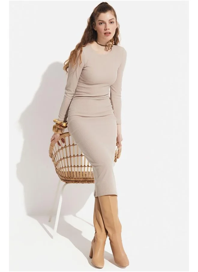 JUNE June Ribbed Knit Dress Beige
