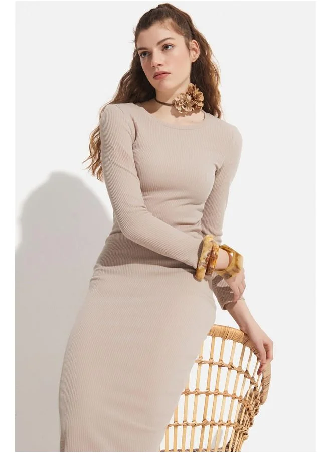 JUNE June Ribbed Knit Dress Beige