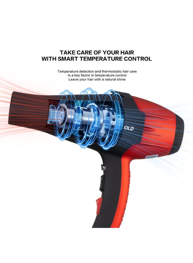 sokany Professional Hair Dryer & Hair Dryer 2000W 4 in 1 Imported Heavy Duty 2 Air Speeds 2 Heat Speed Cooling Button with 1 Nozzle 1 Diffuser 2 Styling Combs - Black x Red - Image 3