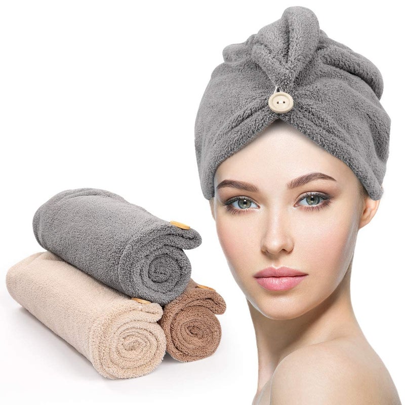YFONG 3 Pack Hair Drying Towels, Hair Towel with Button, Super Absorbent Microfiber Hair Towel for Curly Hair, Fast Drying Hair Wraps for Women Girls, Microfiber Towel for Hair - Image 1