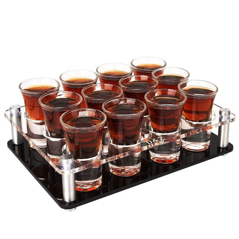 DZ 1 oz Shot Glasses with Holder Heavy Base Shot Glass Set of 12 Easy Carry without Spilling Cute Drinking Cup for WhiskeyVodkaTequilaCocktail Ideal Birthday Gift for BoyfriendFatherHusband