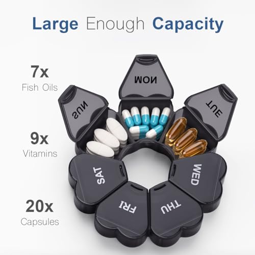 KAPENS Large Weekly Pill Organizer, Pill Box 7 Day, KAPENS Daily Vitamin Case Large Capacity Compartments, Pill Containers for Fish Oil Medicine Supplements, Black - Image 2