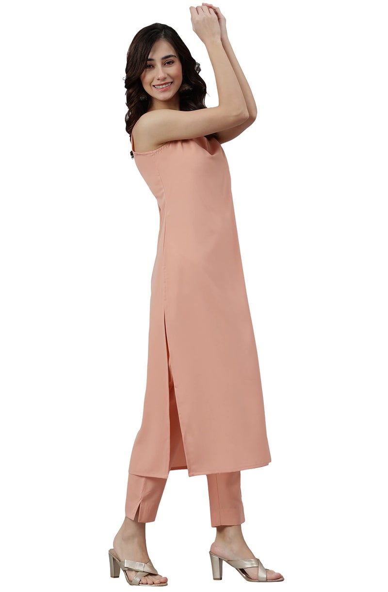 Janasya Women Crepe Solid Kurta with Pant & Dupatta Peach Color Trending Outfit - Image 2