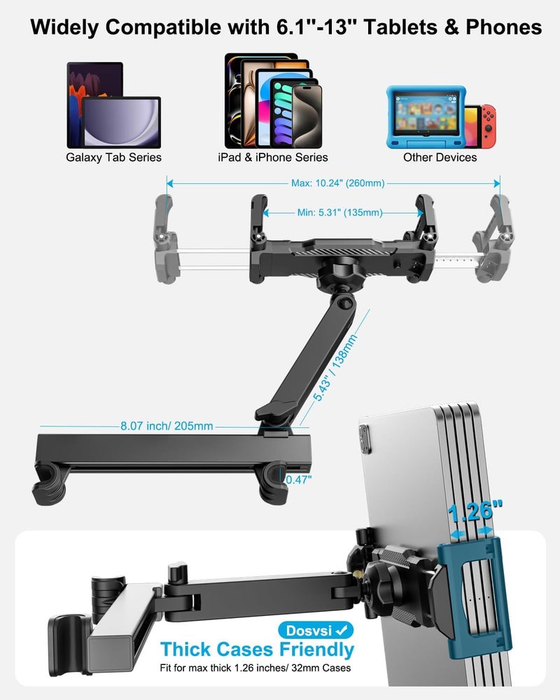 Dosvsi Car Back Seat Tablet Holder, [Up to 15.6"] Car Headrest Tablet Mount Stand with Extension Arm, Road Trip Essentials for Kid, Fits iPad Pro 13 12.9 Air Mini, Galaxy tab, iPhone, 6.1-15.6" Device - Image 3