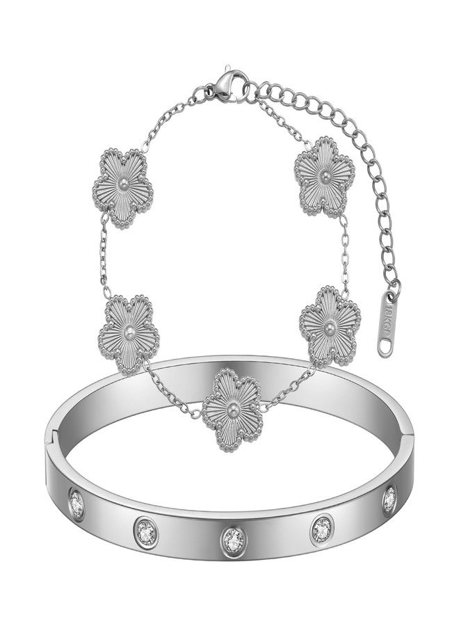 FUNIO 18K Gold Plated Clover Bracelet Love bangle Set for Women - Stack Friendship Bracelet Lucky Link Bracelets Jewelry Gifts Trendy for Women, Medium, Stainless Steel, no gemstone - Image 1