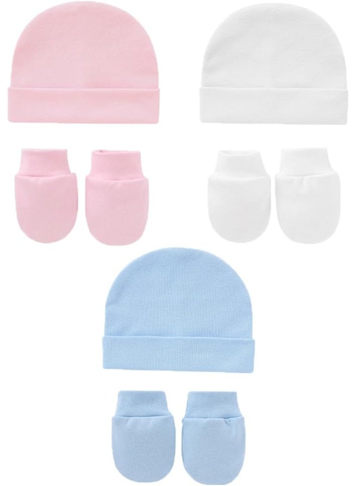 ‌6-Piece Newborn Hat & Anti-Scratch Mitten Set – 100% Cotton for 0-3 Months Baby Boys & Girls - Image 1