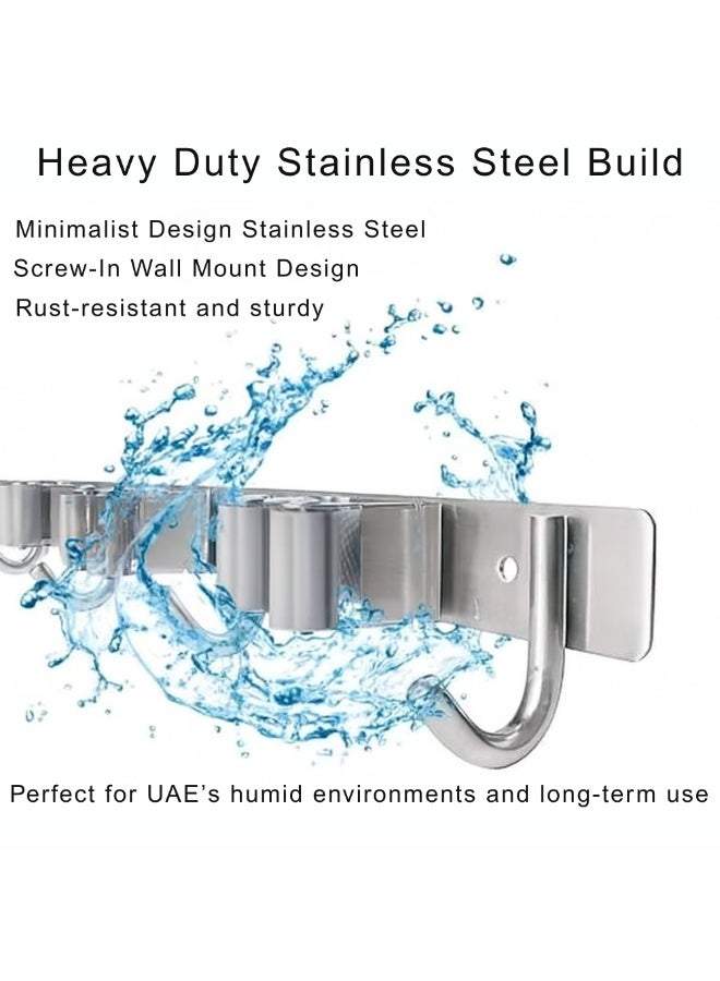 VIO Stainless Steel Mop Holder Wall Mount Broom Holder with 4 Rubber Rollers 5 Hooks Sturdy Screw In Broom Hanger for Cleaning Area Closet Laundry Room Store Room Gardening Tools Organizer Cleaning Supplies Organizer Non Adhesive Heavy Duty Broom Organizer Tool Dustpan Rack for Home Kitchen Bathroom Balcony Garden Garage Outdoor - Image 5