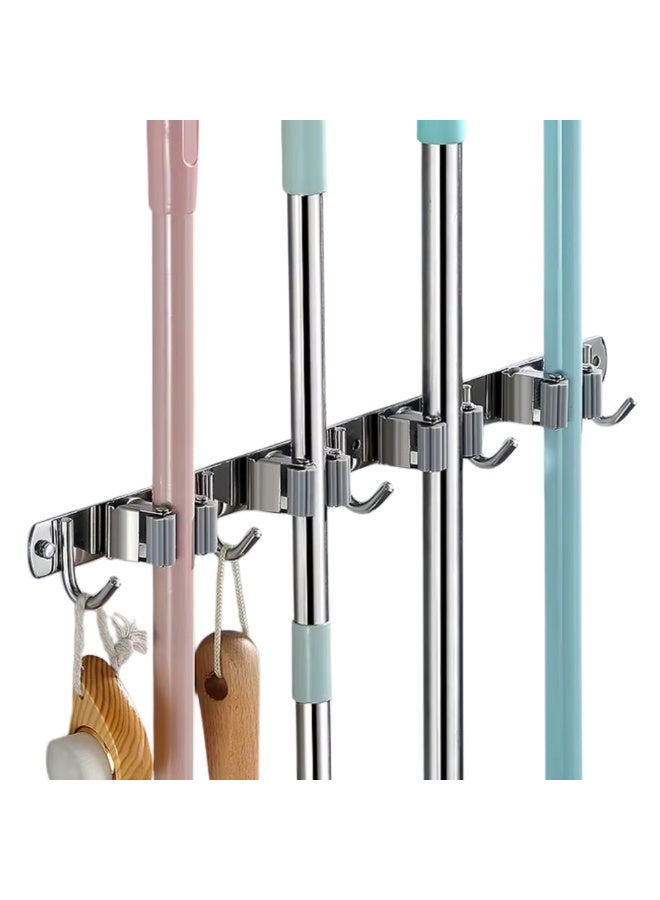 VIO Stainless Steel Mop Holder Wall Mount Broom Holder with 4 Rubber Rollers 5 Hooks Sturdy Screw In Broom Hanger for Cleaning Area Closet Laundry Room Store Room Gardening Tools Organizer Cleaning Supplies Organizer Non Adhesive Heavy Duty Broom Organizer Tool Dustpan Rack for Home Kitchen Bathroom Balcony Garden Garage Outdoor - Image 1