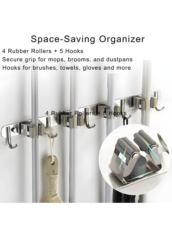 VIO Stainless Steel Mop Holder Wall Mount Broom Holder with 4 Rubber Rollers 5 Hooks Sturdy Screw In Broom Hanger for Cleaning Area Closet Laundry Room Store Room Gardening Tools Organizer Cleaning Supplies Organizer Non Adhesive Heavy Duty Broom Organizer Tool Dustpan Rack for Home Kitchen Bathroom Balcony Garden Garage Outdoor - Image 2