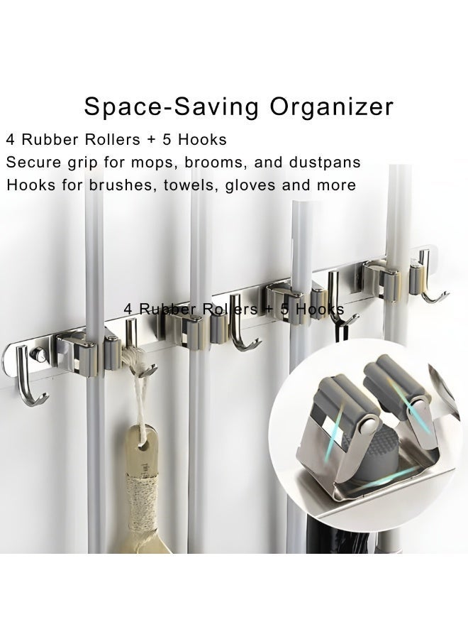 VIO Stainless Steel Mop Holder Assorted Color Wall Mount Broom Holder with 4 Rubber Rollers 5 Hooks Sturdy Screw In Broom Hanger for Cleaning Area Closet Laundry Room Store Room Gardening Tools Organizer Cleaning Supplies Organizer Non Adhesive Heavy Duty Broom Organizer Tool Dustpan Rack for Home Kitchen Bathroom Balcony Garden Garage Outdoor - Image 4
