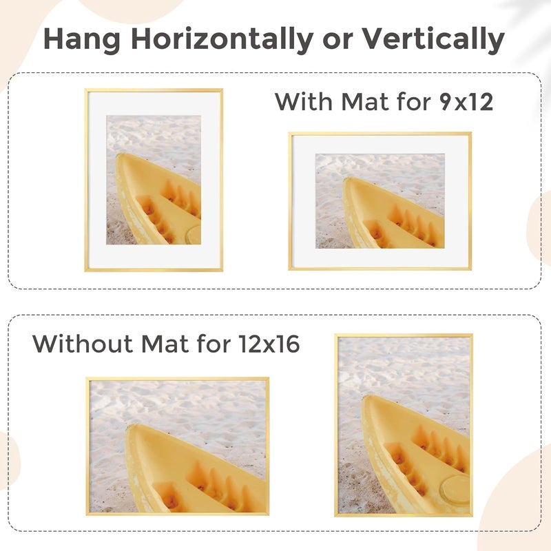 FLYJOE 12x16 Metal Picture Frame for Wall With Mat for 9x12, 12''x16'' Aluminum Certificate Document Frames With Plexiglass, Minimalist Modern Poster Frame Horizontally And Vertically, Gold - Image 4