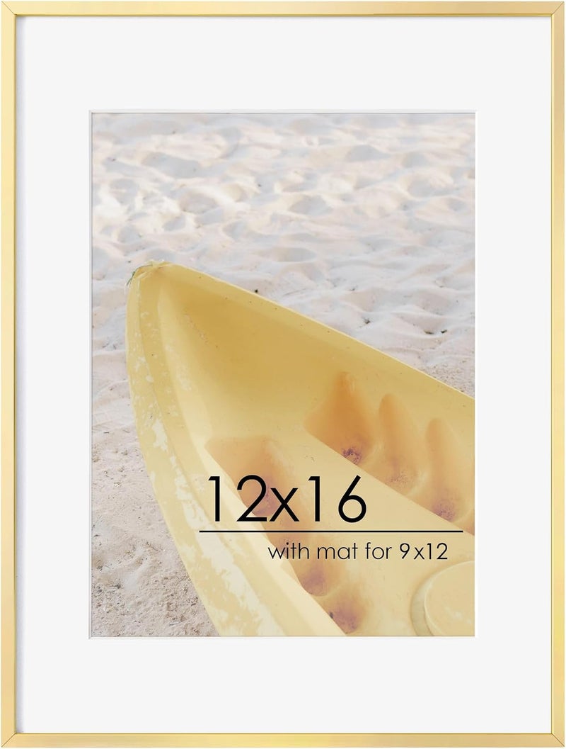 FLYJOE 12x16 Metal Picture Frame for Wall With Mat for 9x12, 12''x16'' Aluminum Certificate Document Frames With Plexiglass, Minimalist Modern Poster Frame Horizontally And Vertically, Gold - Image 1