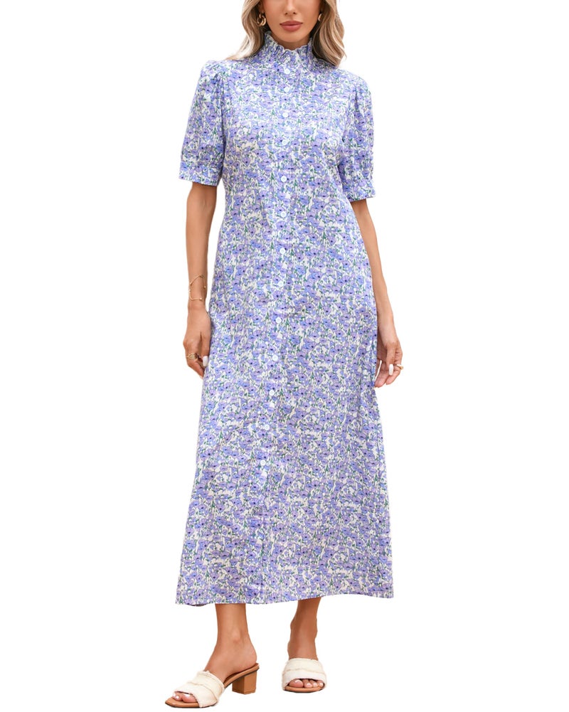 YEXPINE Women's Floral Button Down Shirt Midi Dress Casual Puff Sleeve Ruffle Collar Dress Summer Beach Party Dress Pink - Image 1