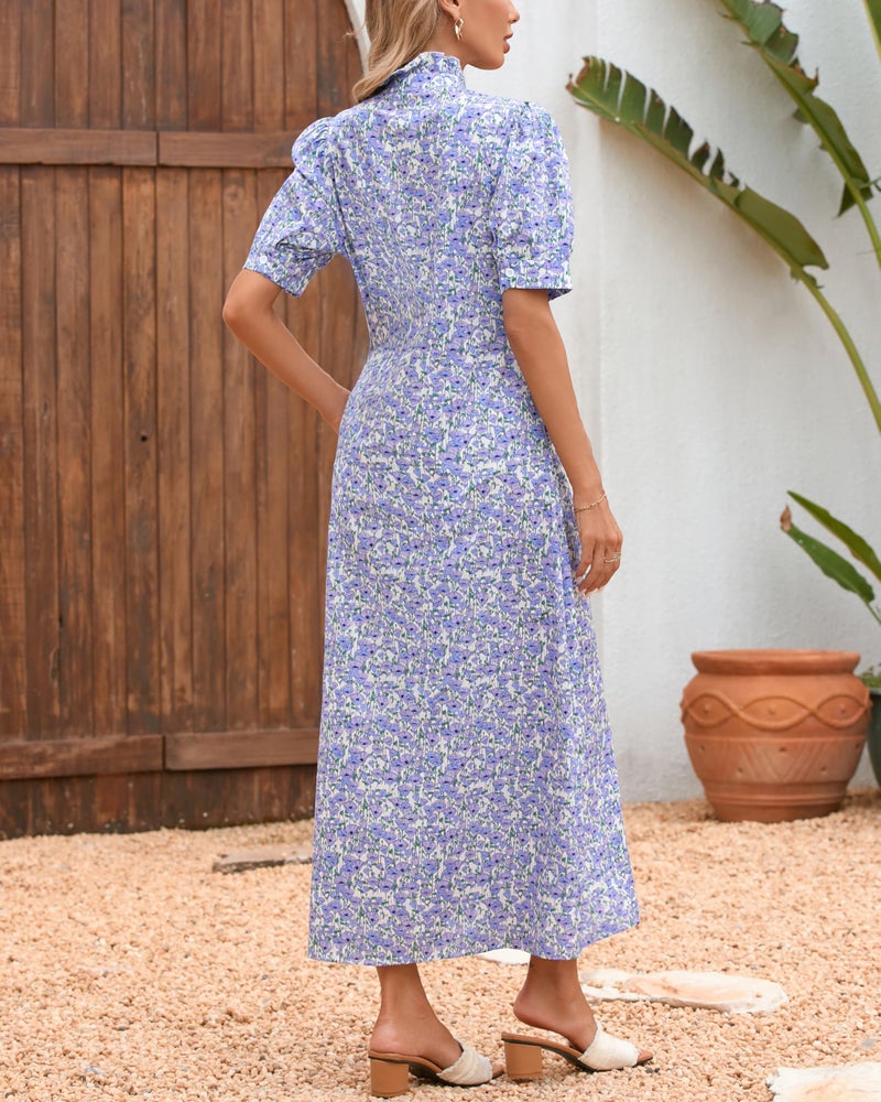 YEXPINE Women's Floral Button Down Shirt Midi Dress Casual Puff Sleeve Ruffle Collar Dress Summer Beach Party Dress Pink - Image 3