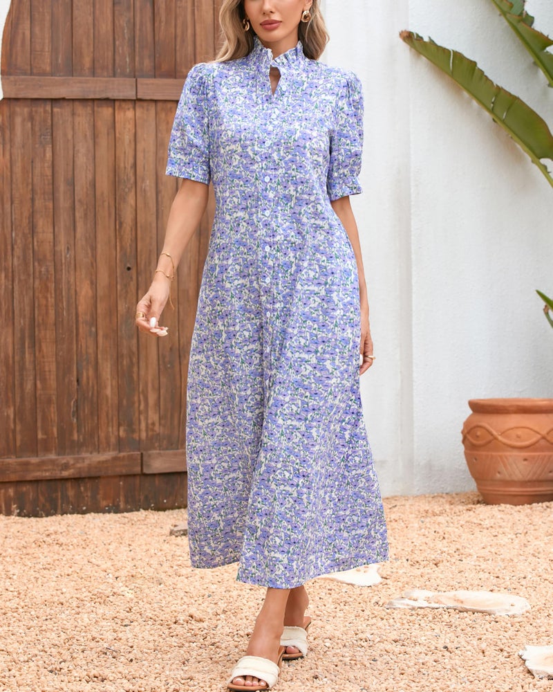 YEXPINE Women's Floral Button Down Shirt Midi Dress Casual Puff Sleeve Ruffle Collar Dress Summer Beach Party Dress Pink - Image 5