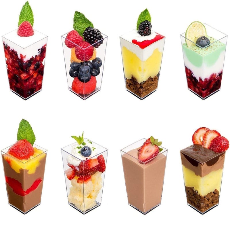 KAHEIGN 60Pcs Plastic Dessert Cups 90ml Square Tall Dessert Cups Clear Parfait Appetizer Cup Reusable Serving Bowl for Dessert Pudding Mousse Party 38 x 83cm