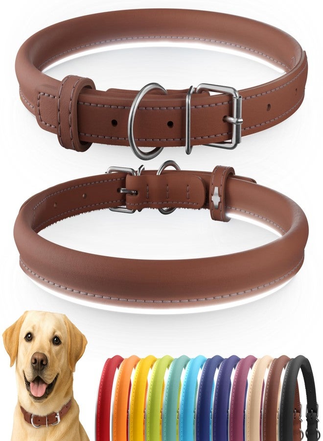 CollarDirect Reflective Rolled Leather Dog Collar, Soft Padded Round Puppy Collar, Handmade Genuine Leather Collar Dog Small Large Cat Collars 13 Colors (15-19 Inch, Cinnamon Reflective) - Image 1