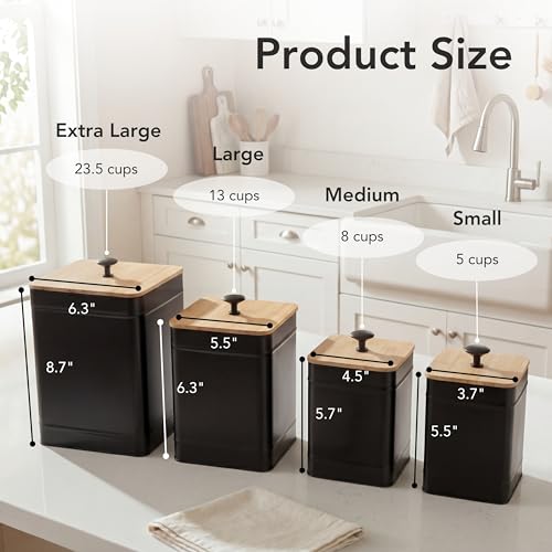 PERFNIQUE Kitchen Canisters Airtight Canister Sets for Kitchen Counter Kitchen Canisters for Countertop Set of 4 Coffee Tea Sugar Flour Spice Tin Jars Food Storage Container with LidBlack - Image 3