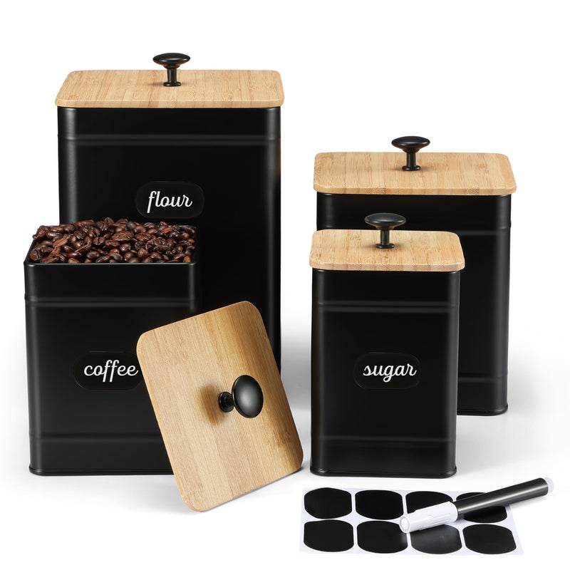 PERFNIQUE Kitchen Canisters Airtight Canister Sets for Kitchen Counter Kitchen Canisters for Countertop Set of 4 Coffee Tea Sugar Flour Spice Tin Jars Food Storage Container with LidBlack - Image 2